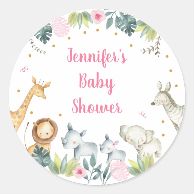 Pink Safari Jungle Baby Dusche Runder Aufkleber (Vorderseite)