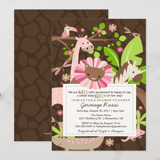 Pink Safari Jungle Baby Girl Dusche oder Sprinkle Einladung (Vorne/Hinten)