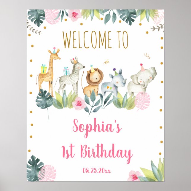 Pink Safari Jungle Party Animals Birthday Welcome Poster (Vorne)
