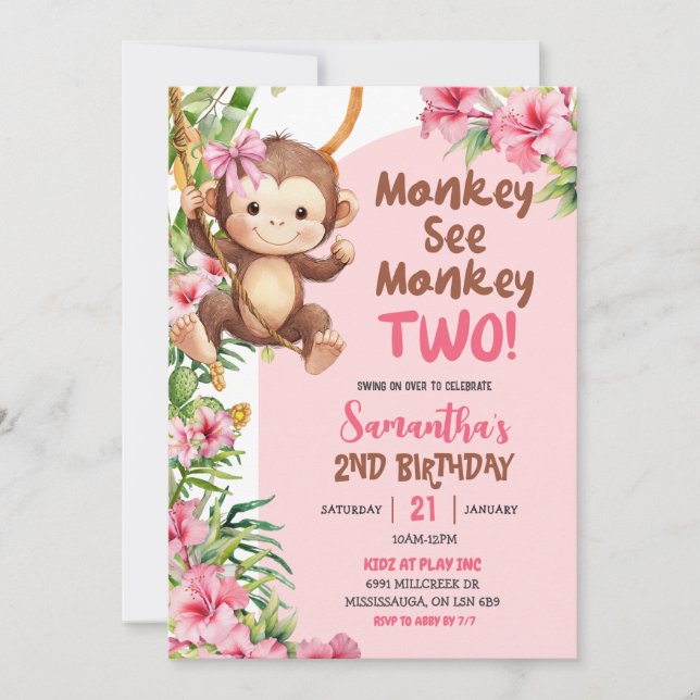 Pink Safari Monkey See Monkey Two 2nd Birthday Einladung (Vorderseite)