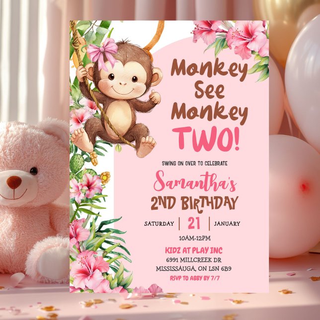 Pink Safari Monkey See Monkey Two 2nd Birthday Einladung (Von Creator hochgeladen)
