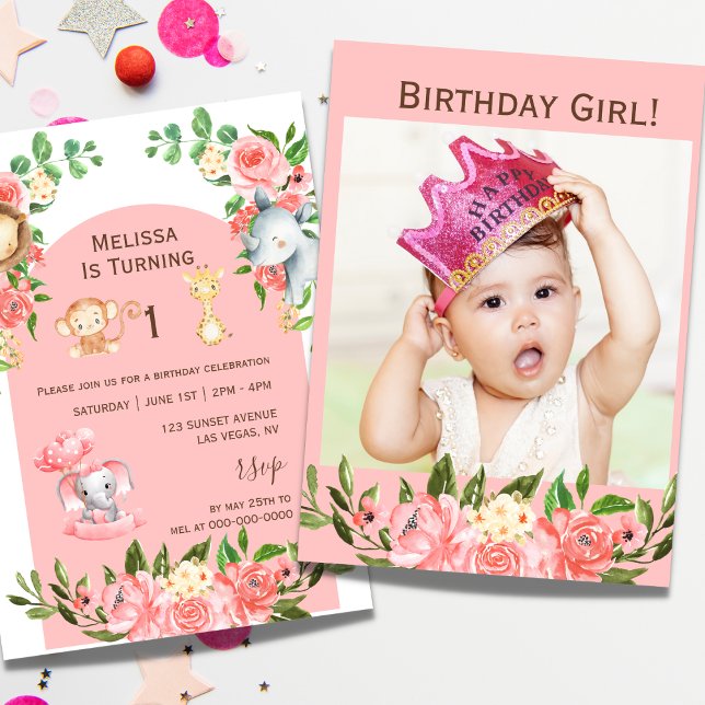 Pink Safari Thema Erstes Geburtstag Foto Einladung (Von Creator hochgeladen)