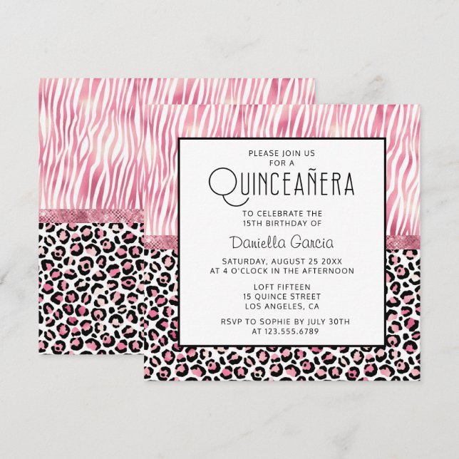 Pink Safari Tiger Leopard Shimmer Quinceañera Einladung (Vorne/Hinten)