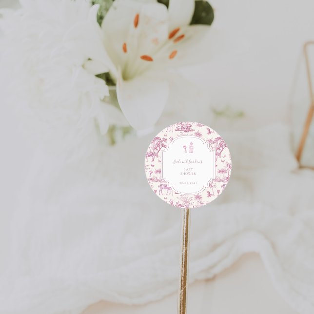 Pink Safari Toile de Jouy | Babyparty Runder Aufkleber (Von Creator hochgeladen)