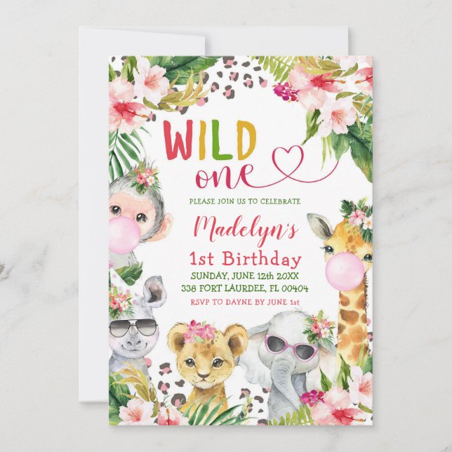 Pink Safari Wild One Girl Birthday Party Einladung (Vorderseite)