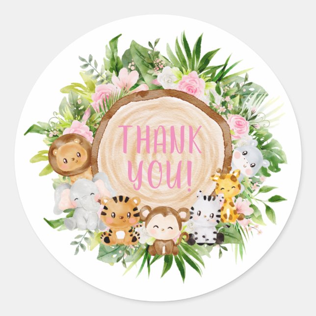 Pink Safari Woodland Animals Kinderdusche Danke Runder Aufkleber (Vorderseite)
