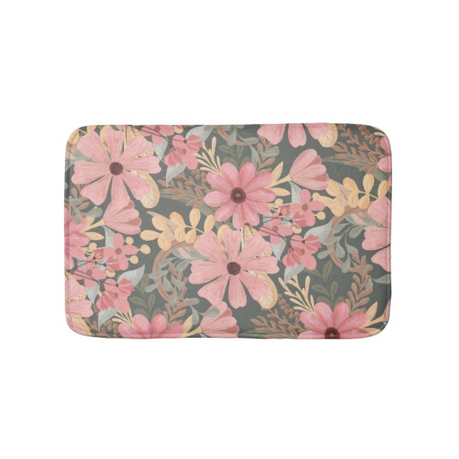 Pink Sage Green Flowers Leave Watercolor Badematte (Vorderseite)