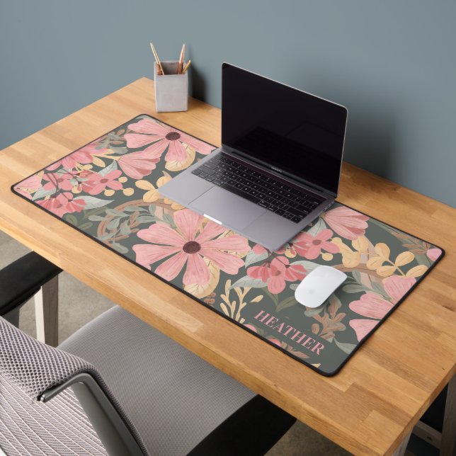 Pink Sage Green Flowers Leave Watercolor Schreibtischunterlage (Büro 2)