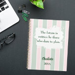 Pink sage green inspirational quote writing 2026 planer<br><div class="desc">Blush pink and sage green stripes with a white brush stroke. Inspiratiional,  motivational Quote:  The future is written by those who dare to plan.  Personalize and add your name and a year.</div>
