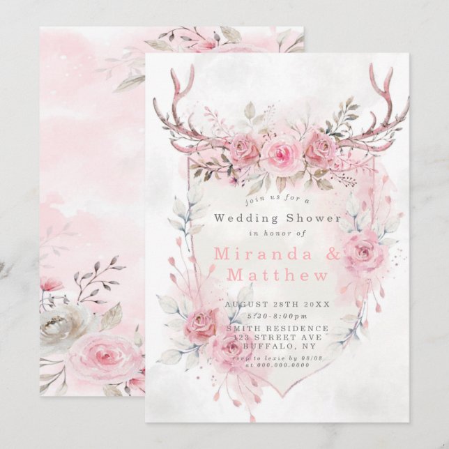Pink Sage Peony Deer Antler S Polterabend Einladun (Vorne/Hinten)