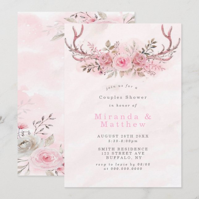 Pink Sage Peony Deer Antlers Paare Dusche einladen (Vorne/Hinten)