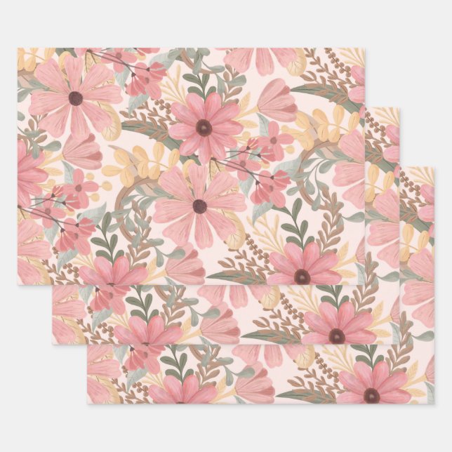 Pink Sage Vert Floral Feuille Motif d'aquarelle (Lot)