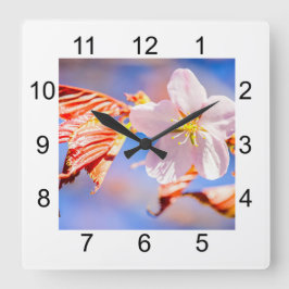 Pink Sakura Blume Blue Sky Quadratische Wanduhr