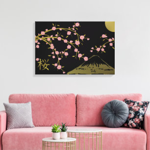 Pink Sakura Gold Schwarzes Japanisches Screen Post Leinwanddruck