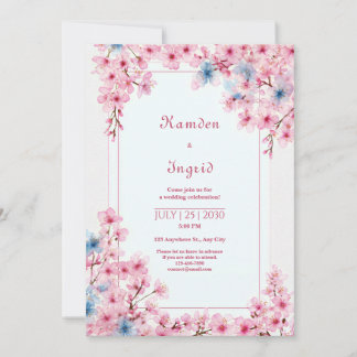 Pink Sakura Periwinkle Blue Romantic Frame Wedding Einladung