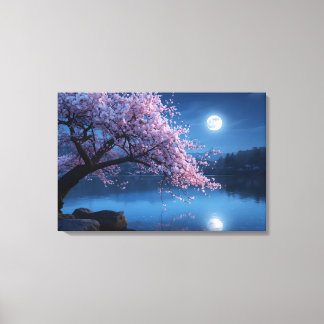 Pink Sakura Tree & Full Moon Night Canvas Print Leinwanddruck