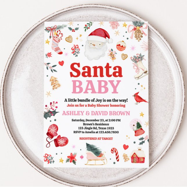 Pink Santa Baby Dusche Einladung (Girl Santa Baby Baby Shower Invitation)