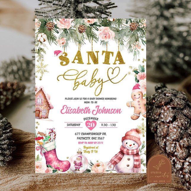 Pink Santa Baby Floral Weihnachtsdusche Einladung (Von Creator hochgeladen)