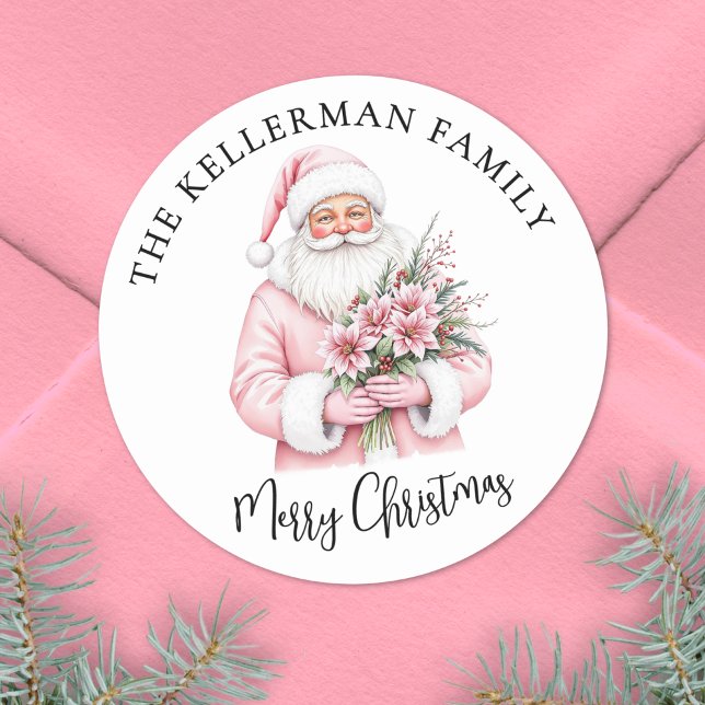 Pink Santa Merry Christmas Runder Aufkleber (Pink Santa Merry Christmas Classic Round Sticker)