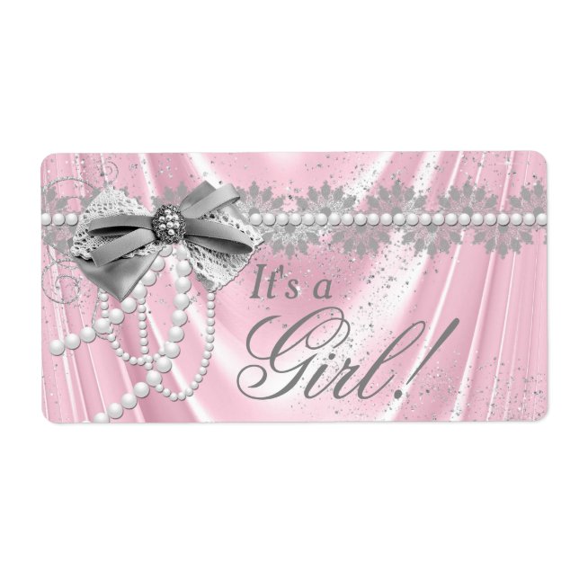 Pink Satin Pearl Baby Dusche Wasser Flaschen Etike (Vorne)