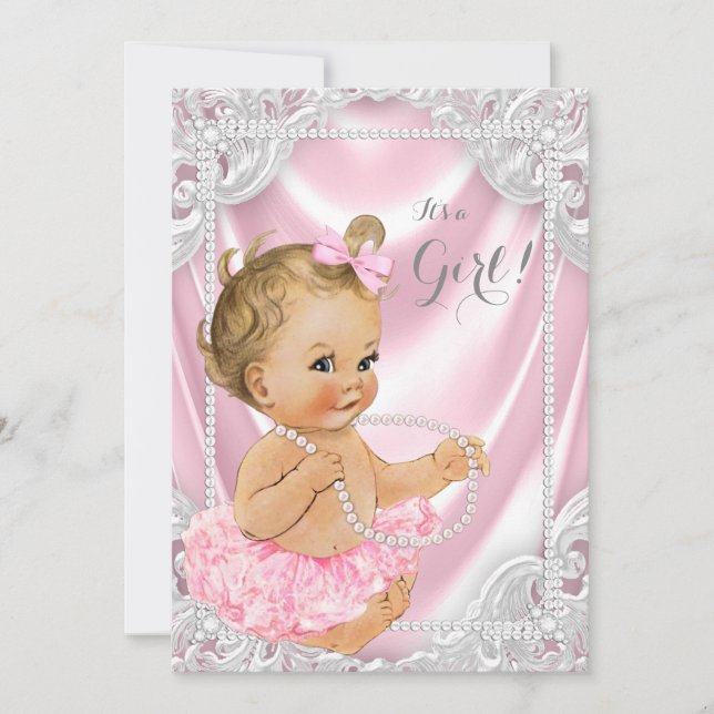 Pink Satin Pearl Baby Girl Dusche Einladung (Vorderseite)