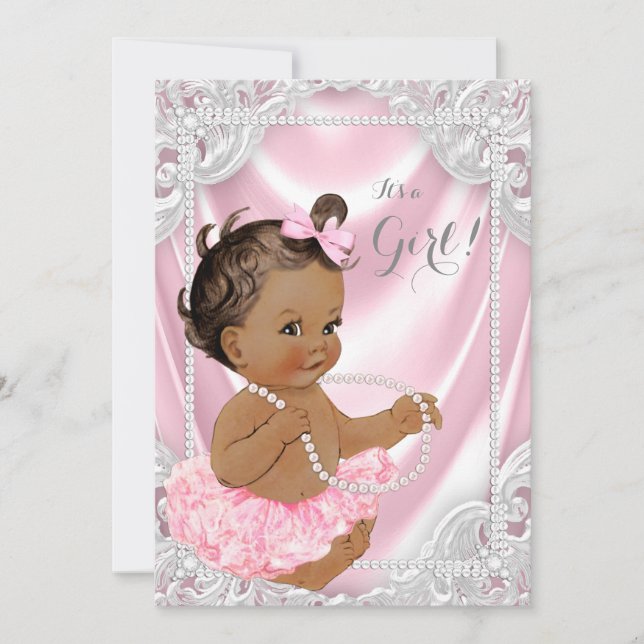 Pink Satin Pearl Ethnic Girl Baby Dusche Einladung (Vorderseite)