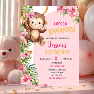 Pink Savannah Monkey Let's Go Bananas Birthday Einladung