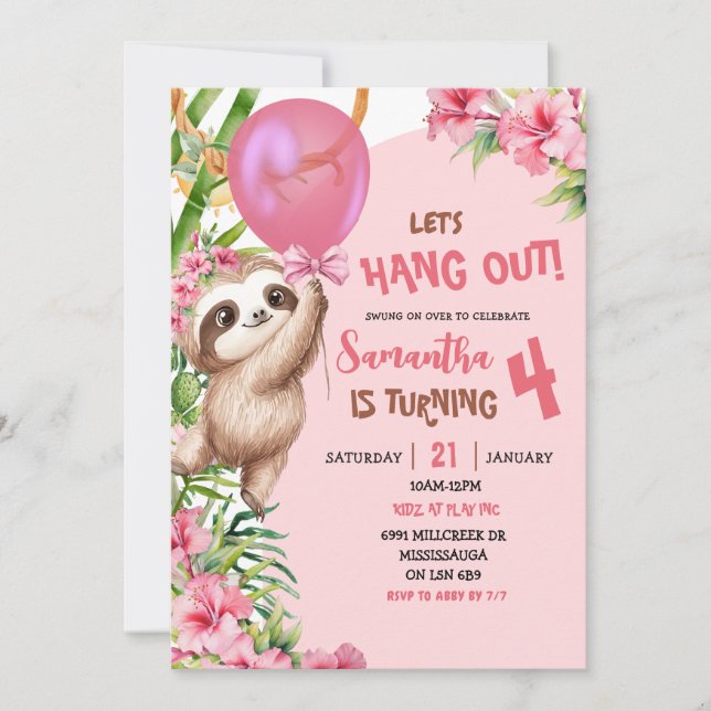 Pink Savannah Sloth Let's Hang Out Birthday Einladung (Vorderseite)