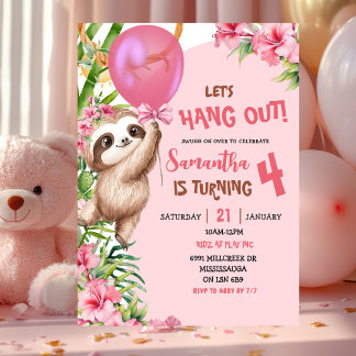 Pink Savannah Sloth Let's Hang Out Birthday Einladung