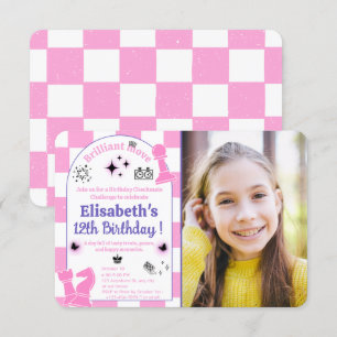 Pink Schach Geburtstagsparty für Mädchen mit Foto Einladung
