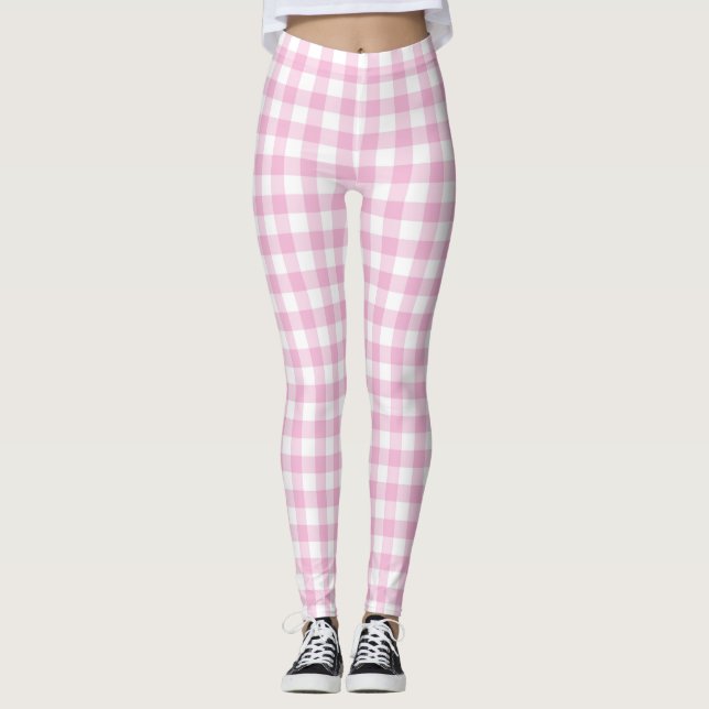 Pink Schachbrett Gingham Pastel Frauen Leggings (Vorderseite)