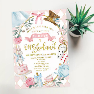 Pink Schleife Alice Onederland 1. Geburtstag Einladung