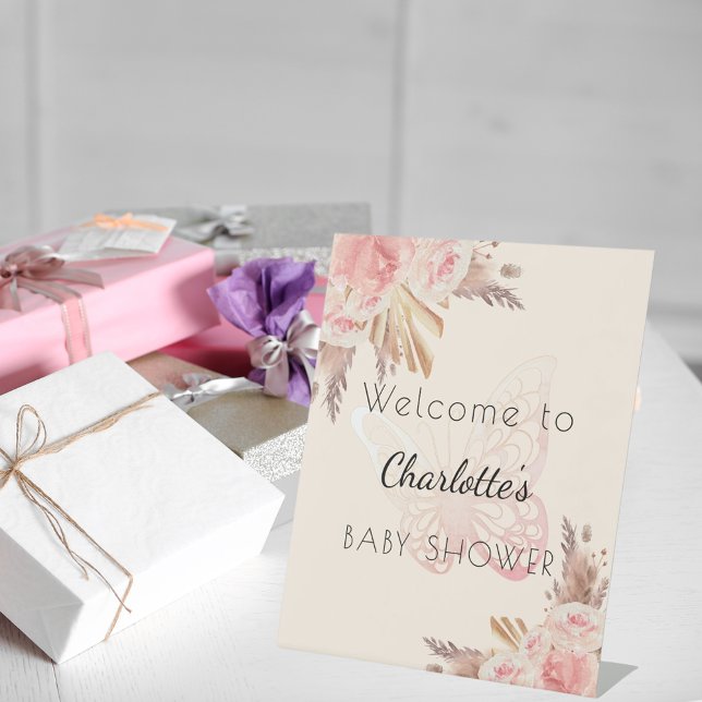 Pink Schmetterling Rose Pampas Baby Dusche Empfang Sockelschild (Von Creator hochgeladen)