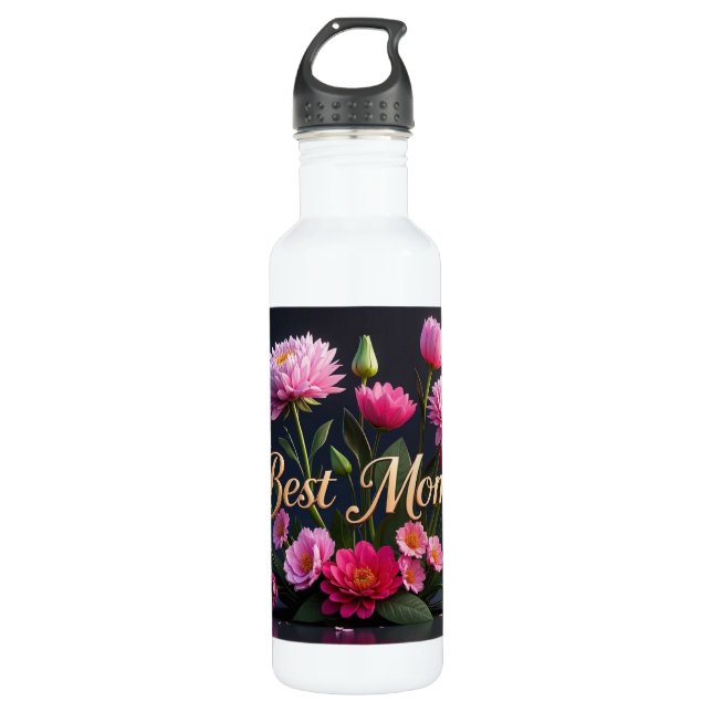 Pink Schöne Blume Beste Mama je Bouquet Edelstahlflasche (Vorderseite)