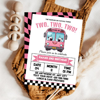 Pink School Bus Girl 2nd birthday Party Einladung