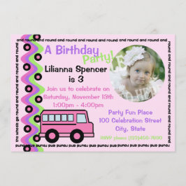 Pink School Bus Wheels mit Foto Einladung