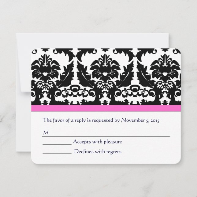 Pink-schwarz-Damaskus-Hochzeitsstift RSVP Karte (Vorderseite)