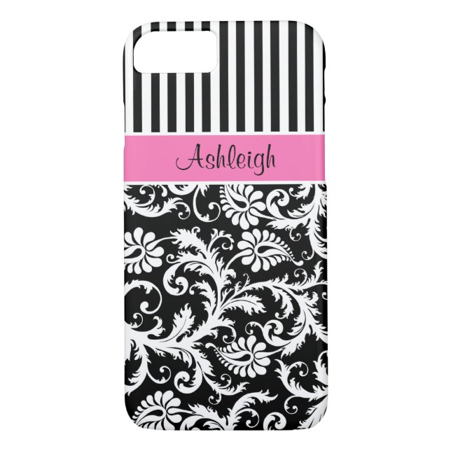 Pink, schwarz, weiß gestreifte Damask iPhone 7 Fal Case-Mate iPhone Hülle (Rückseite)