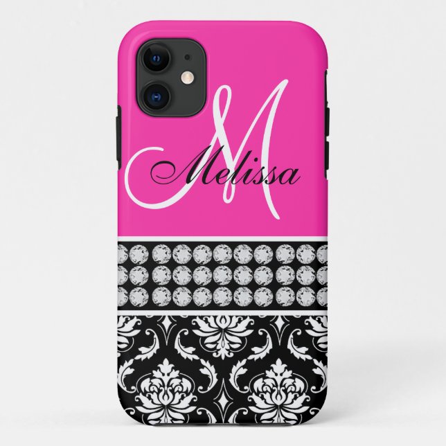 Pink, schwarzer Damast Druckdiamanten Case-Mate iPhone Hülle (Rückseite)