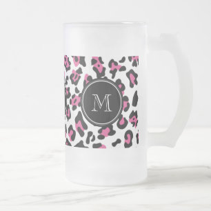 Pink-schwarzer Leopard-Tierdruck mit Monogramm Mattglas Bierglas