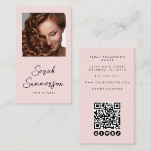 Pink-Schwarzes Schriftzug-Foto-QR-Code-Friseur Visitenkarte