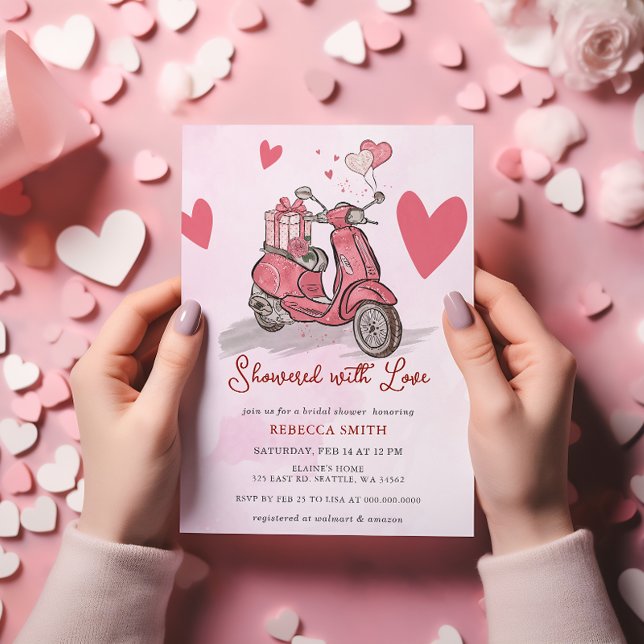 Pink Scooter Hearts Valentinstag Brautparty Einladung (Pink Scooter Hearts Valentines Day Bridal Shower Invitation)