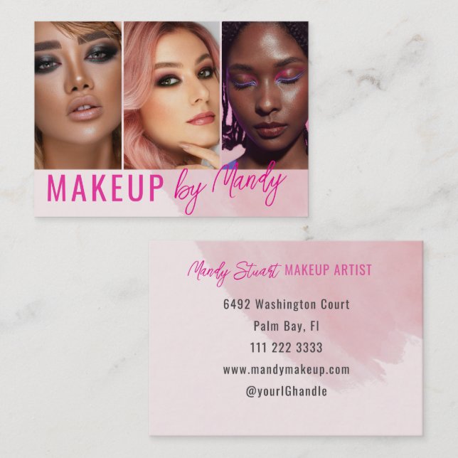 Pink Script 3 Foto Watercolor Make-up  Visitenkarte (Vorne/Hinten)