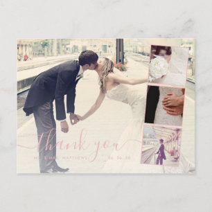 Pink Script 4 Foto Collage Wedding Vielen Dank Postkarte
