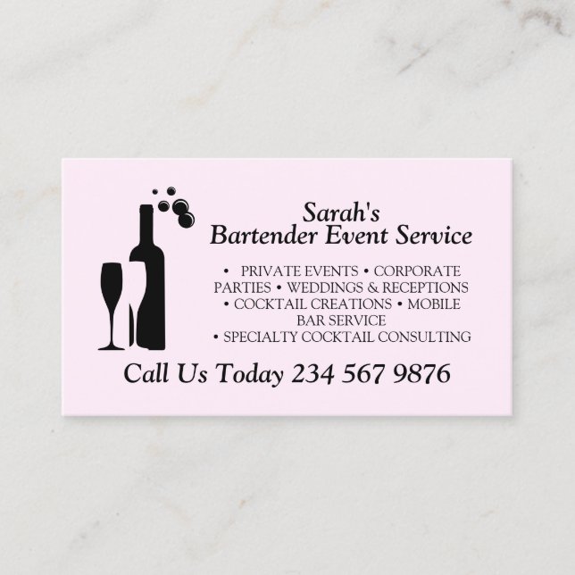 Pink Script Cocktail Bartender Service Visitenkarte (Vorderseite)