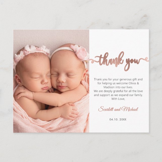 Pink Script Girl Twins Baby Foto Vielen Dank Postkarte (Vorderseite)