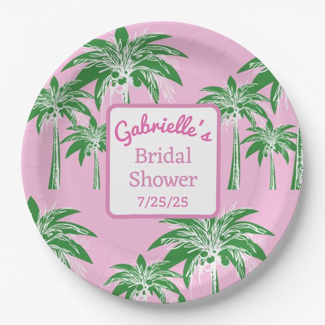 Pink Script Green Palm Tree Brautparty Custom Pappteller (Vorderseite)