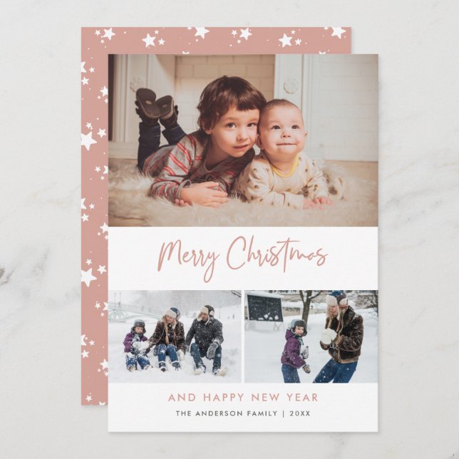 Pink Script Stars Weihnachten 3 Foto Collage (Vorne/Hinten)