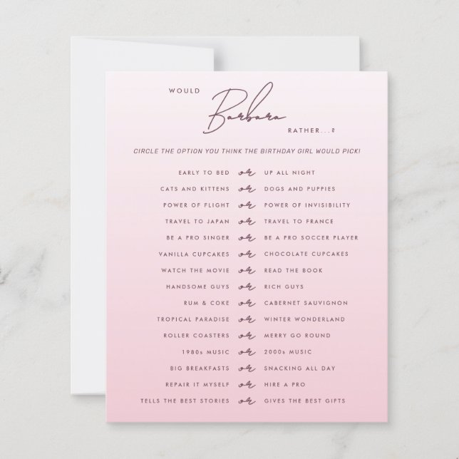 Pink Script Would She Rather Party Game Card (Vorderseite)