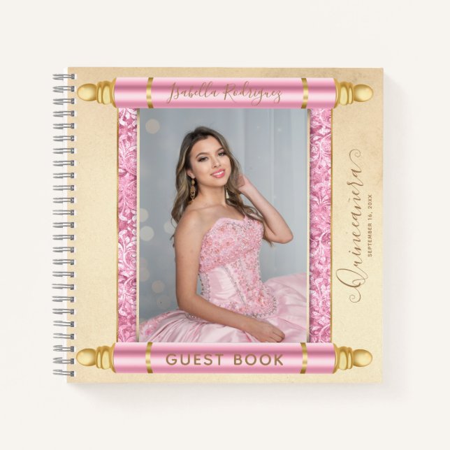 Pink Scroll Foto Budget Quinceñera Gästebuch Notizbuch (Vorderseite)